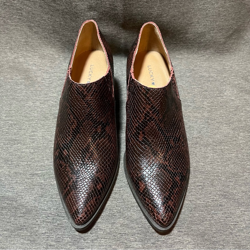 LUCKY BRAND red snakeskin booties